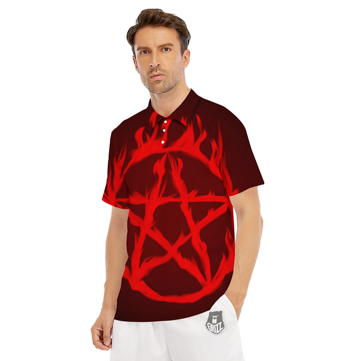 Pentagram Fiery Reversed Print Men's Golf Shirts-grizzshop
