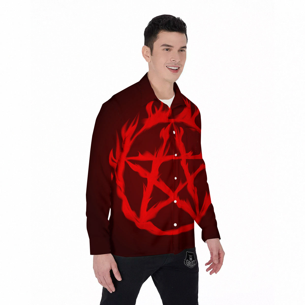 Pentagram Fiery Reversed Print Men's Long Sleeve Shirts-grizzshop