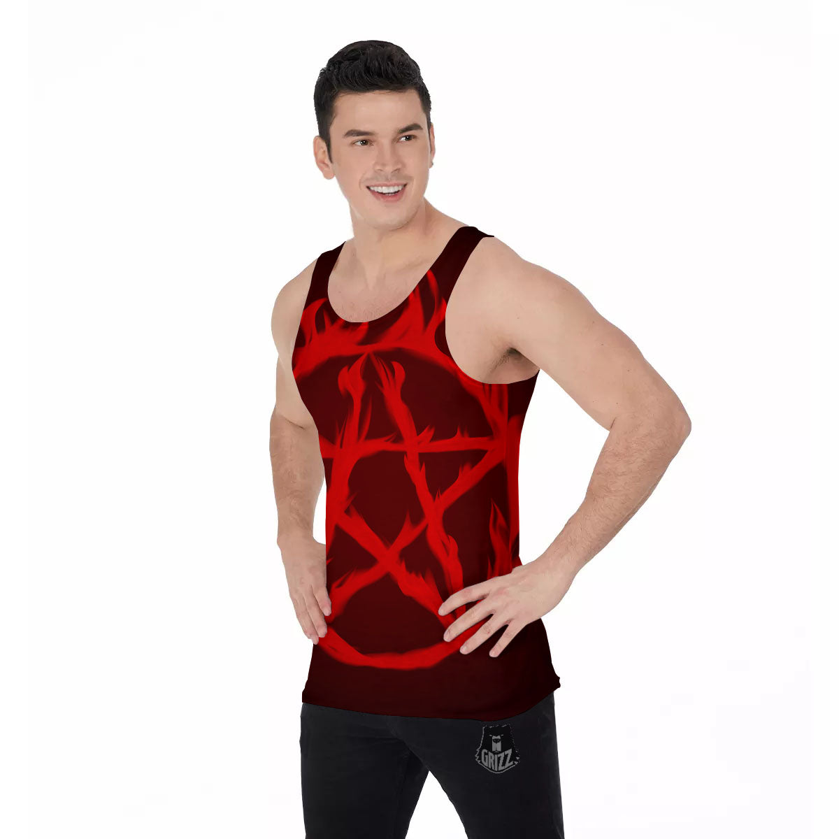 Pentagram Fiery Reversed Print Men's Tank Top-grizzshop