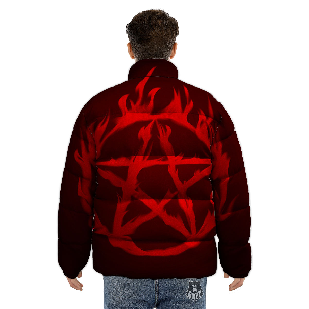 Pentagram Fiery Reversed Print Puffer Jacket-grizzshop
