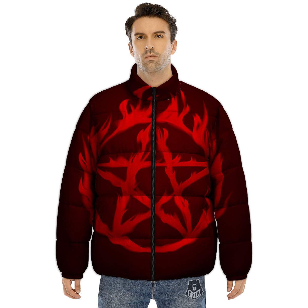 Pentagram Fiery Reversed Print Puffer Jacket-grizzshop