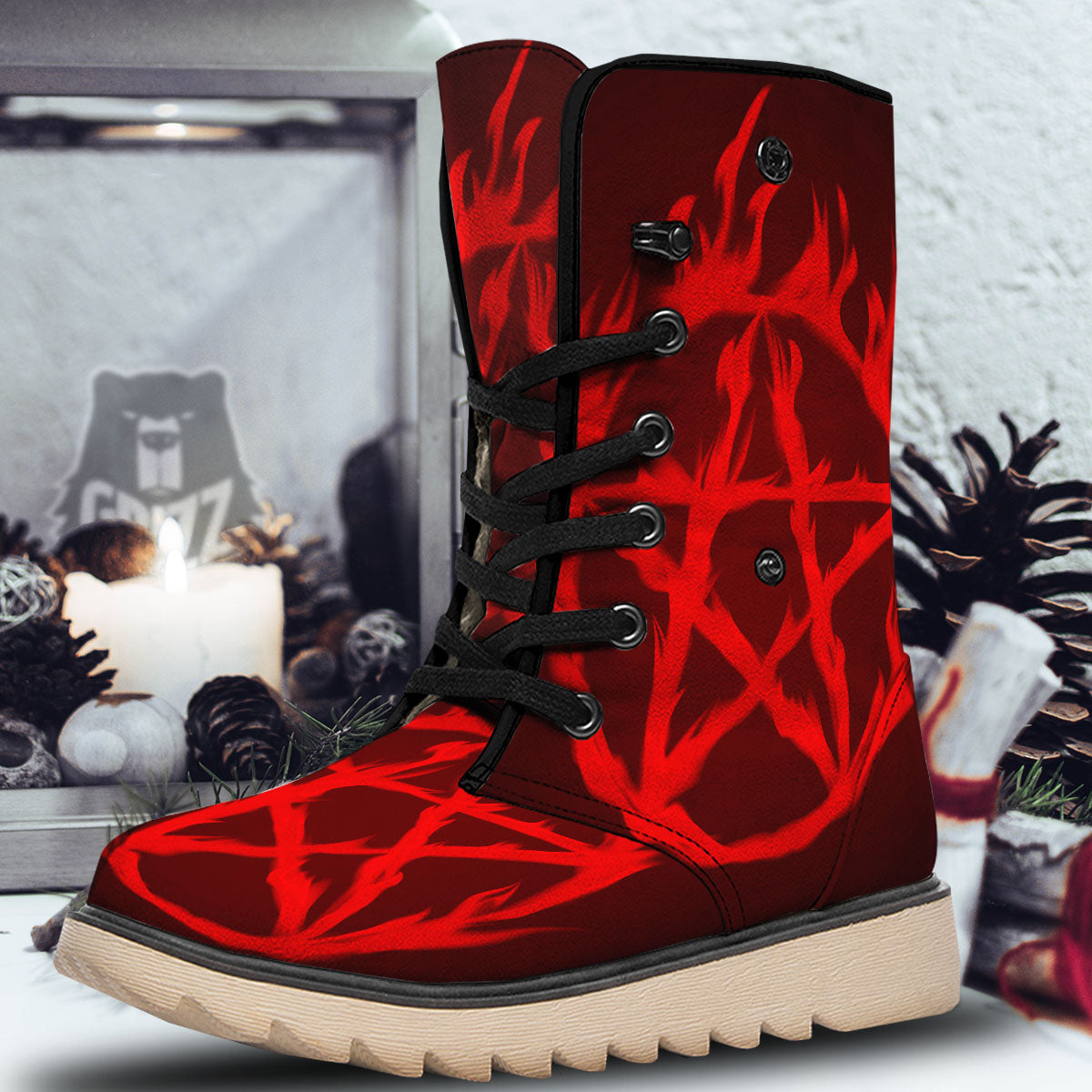 Pentagram Fiery Reversed Print Snow Boots-grizzshop