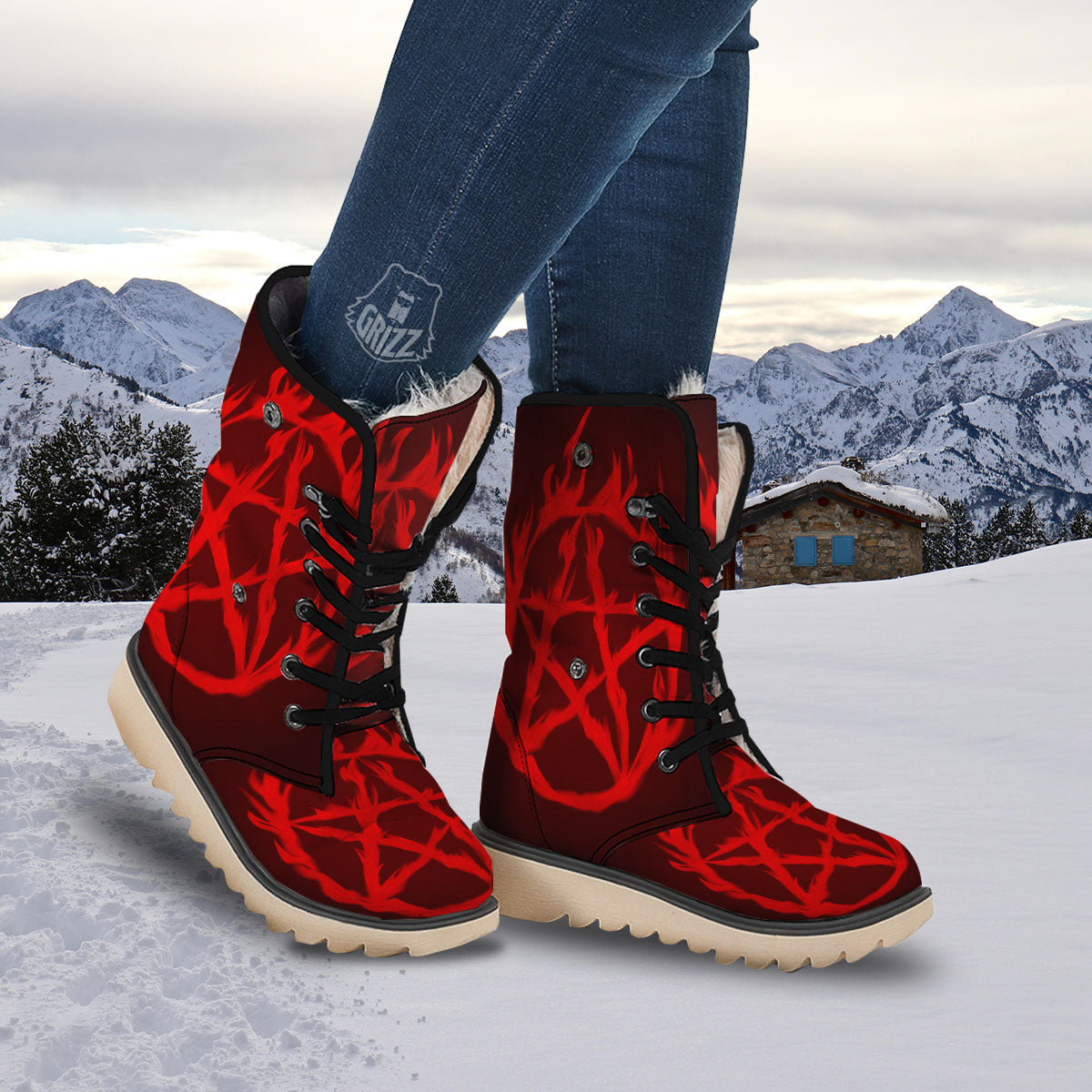 Pentagram Fiery Reversed Print Snow Boots-grizzshop