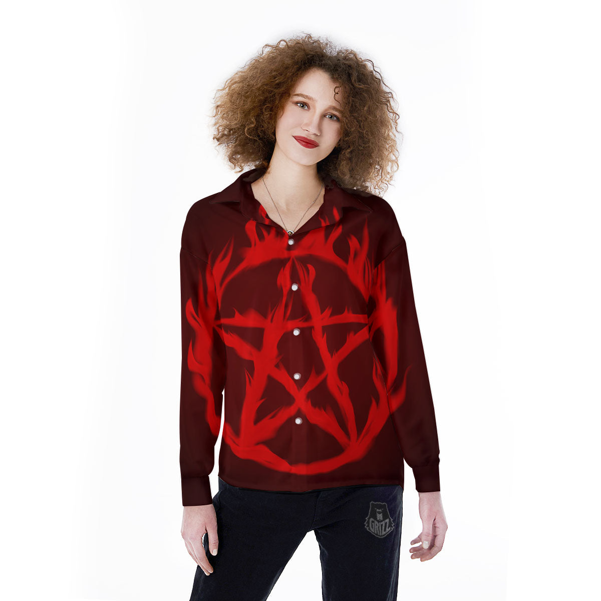 Pentagram Fiery Reversed Print Women's Long Sleeve Shirts-grizzshop