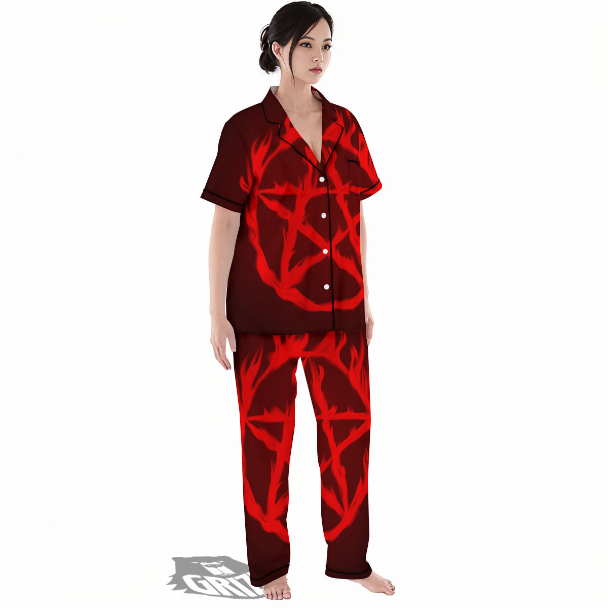 Pentagram Fiery Reversed Print Women's Pajamas Set-grizzshop