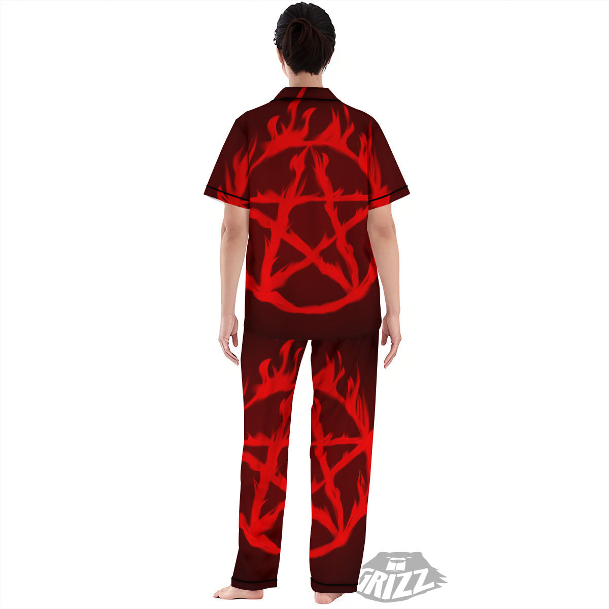 Pentagram Fiery Reversed Print Women's Pajamas Set-grizzshop