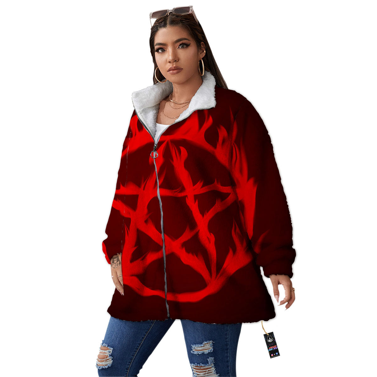 Pentagram Fiery Reversed Print Women's Sherpa Jacket-grizzshop