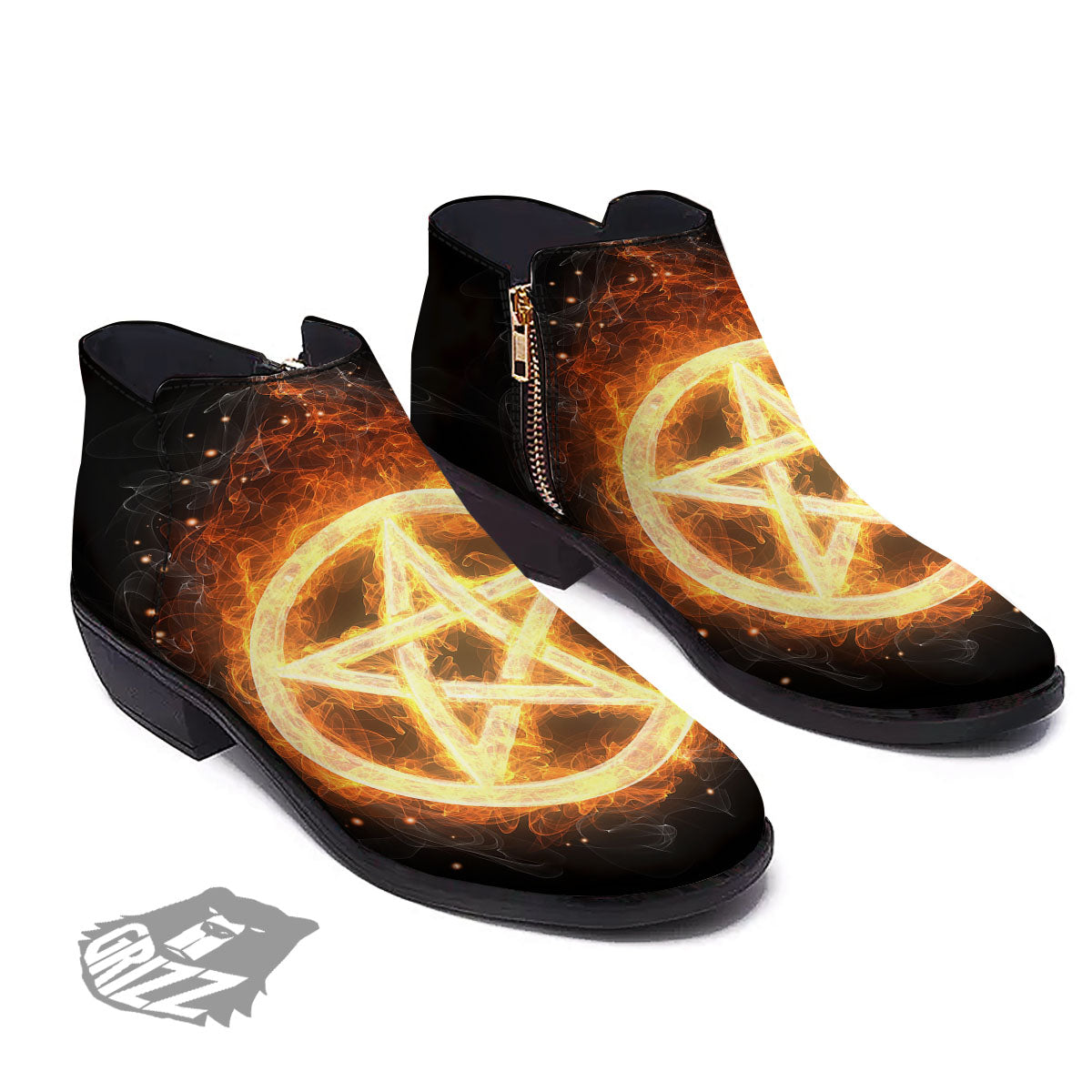 Pentagram Flame Print Ankle Boots-grizzshop