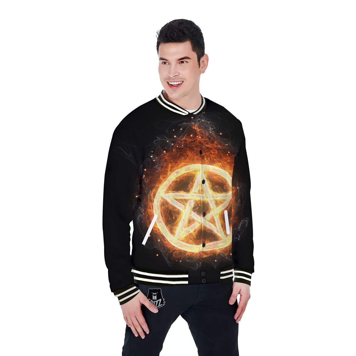 Pentagram Flame Print Baseball Jacket-grizzshop