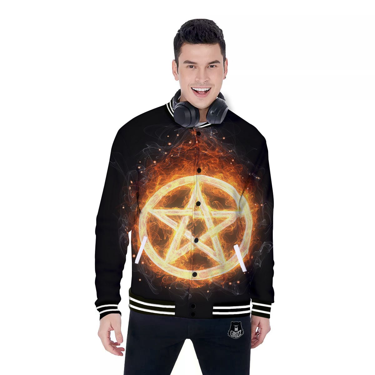 Pentagram Flame Print Baseball Jacket-grizzshop