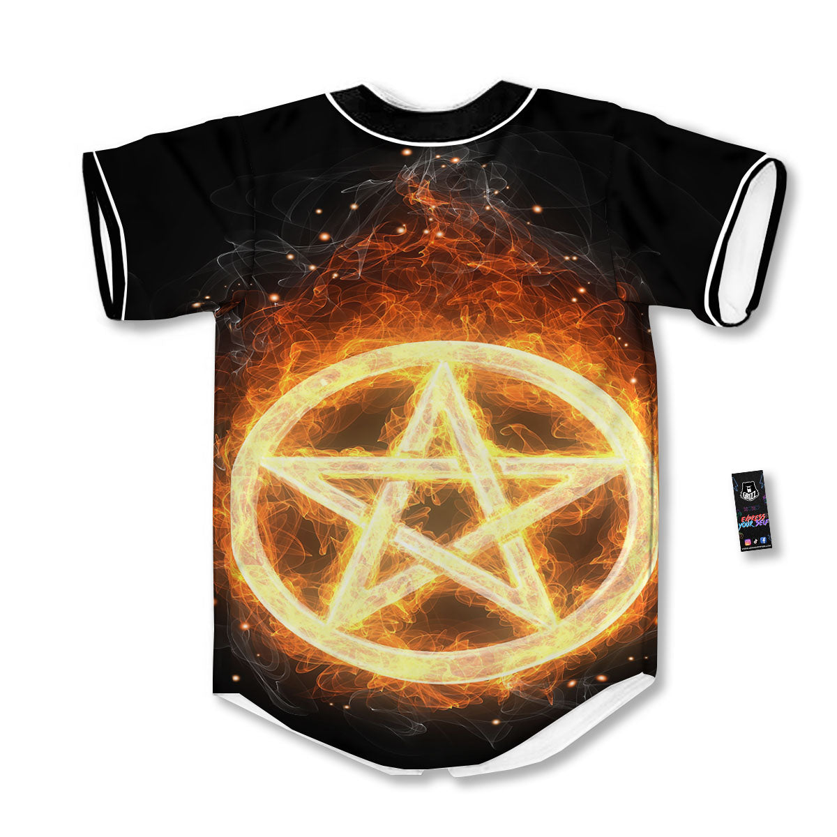 Pentagram Flame Print Baseball Jersey-grizzshop