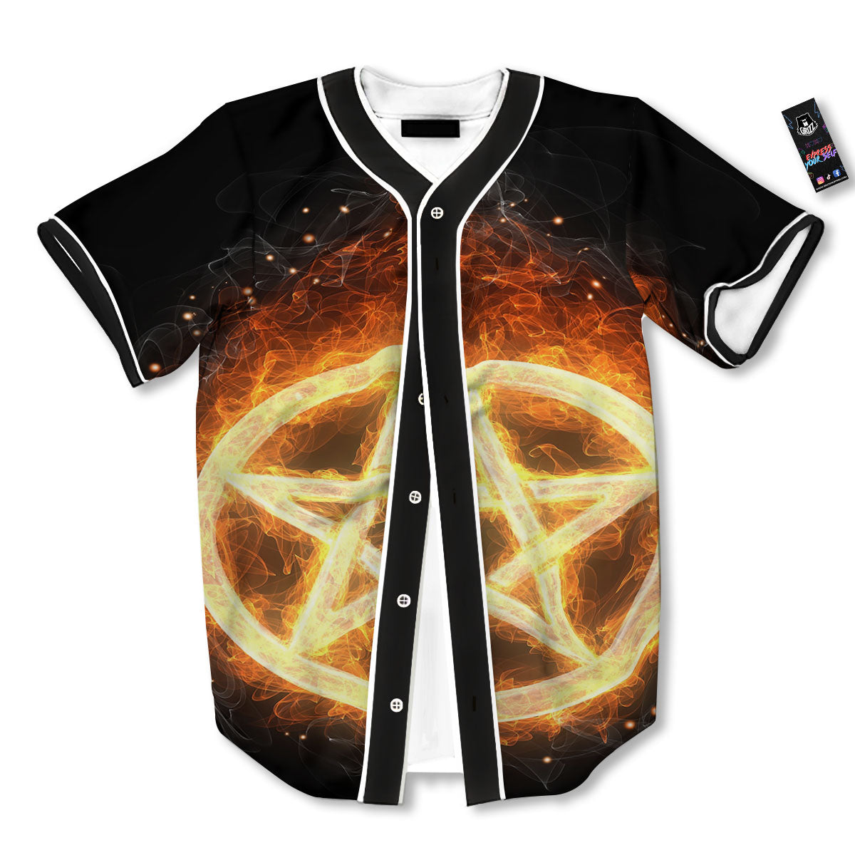 Pentagram Flame Print Baseball Jersey-grizzshop