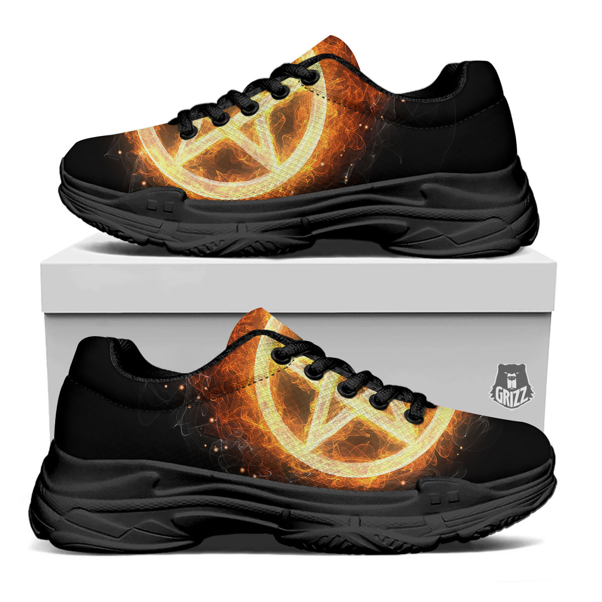 Pentagram Flame Print Black Chunky Shoes-grizzshop