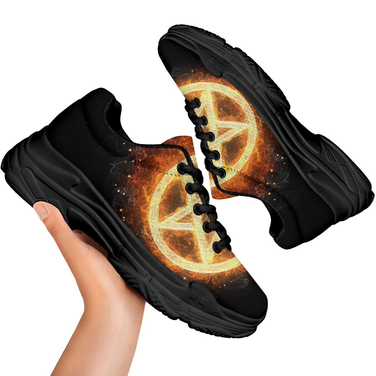 Pentagram Flame Print Black Chunky Shoes-grizzshop