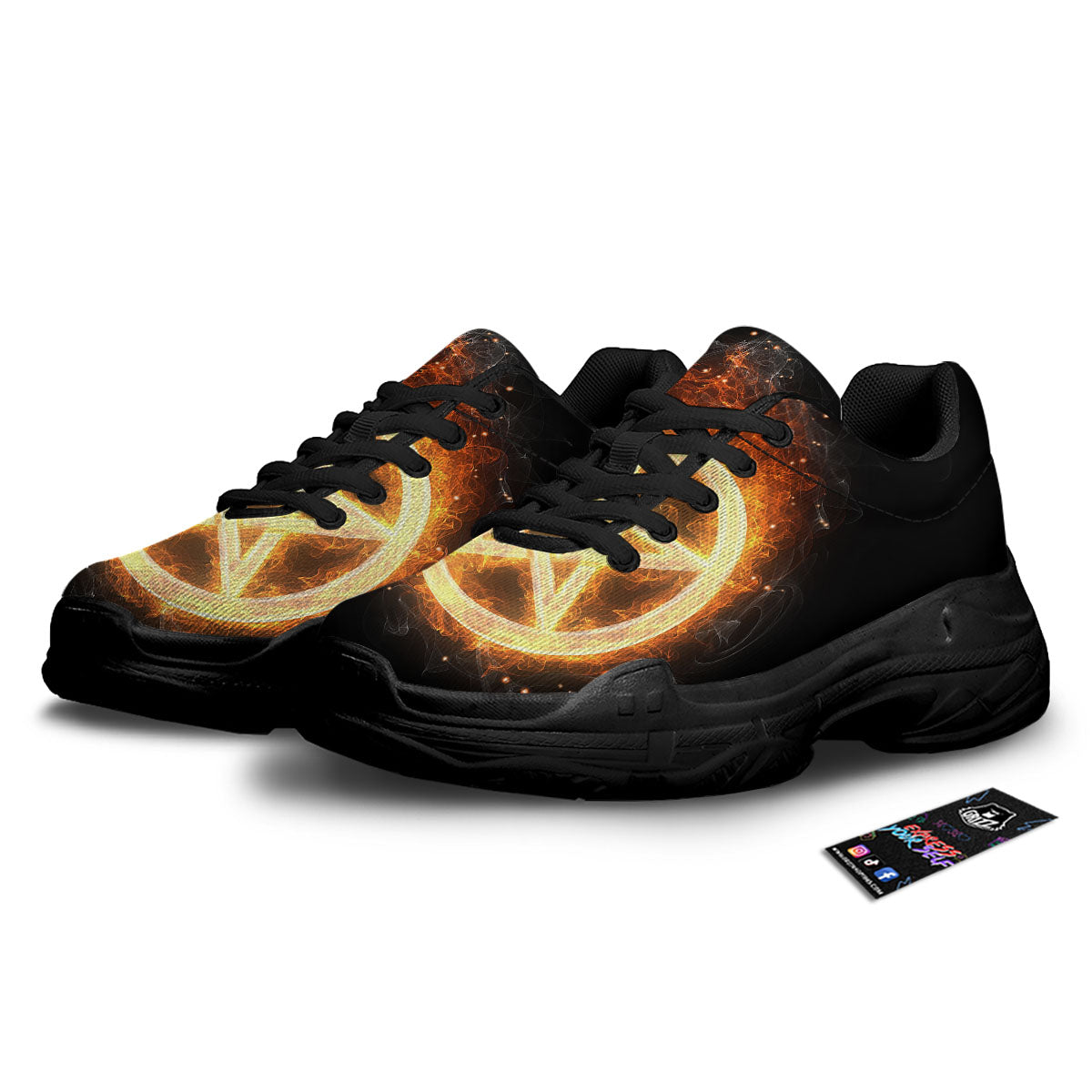 Pentagram Flame Print Black Chunky Shoes-grizzshop