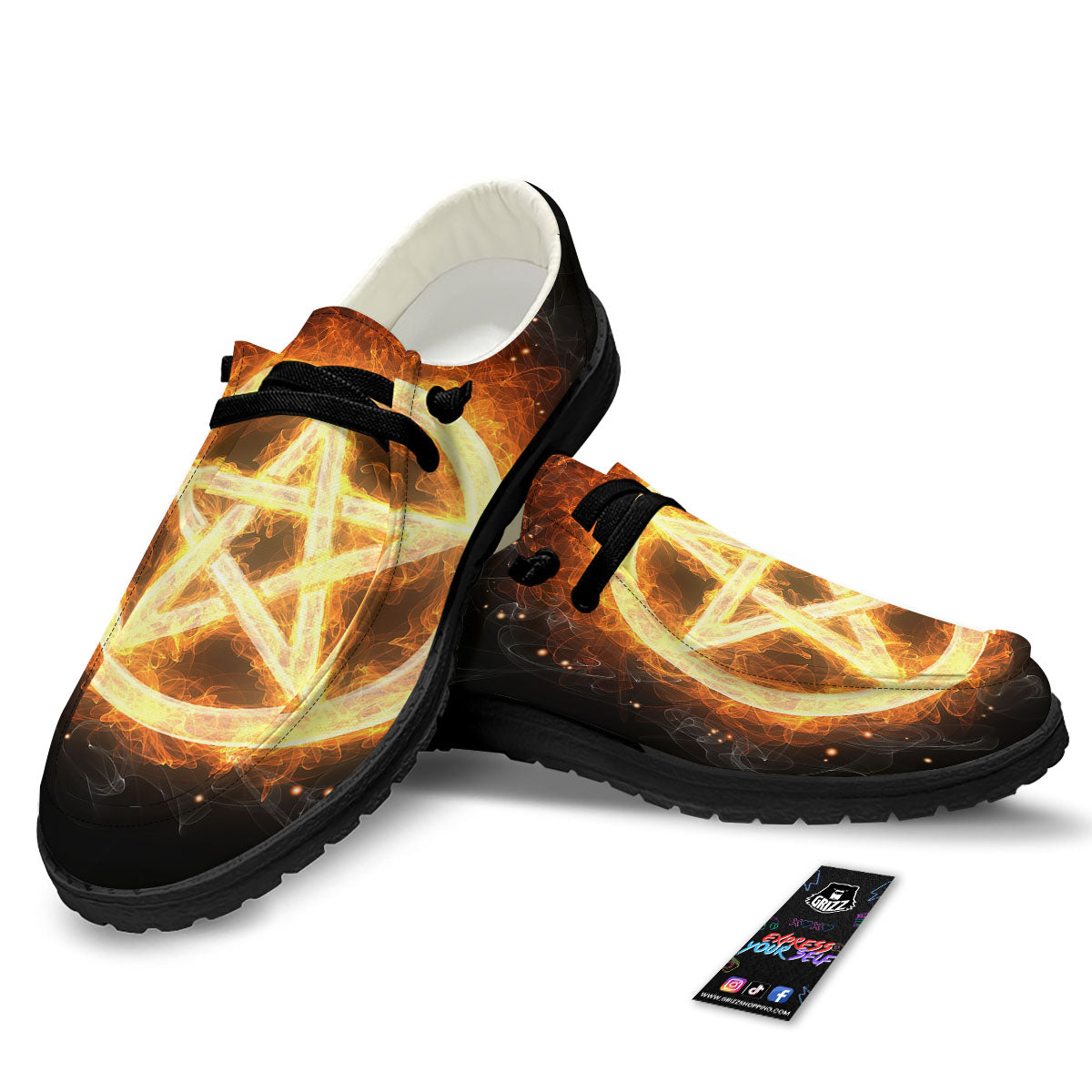 Pentagram Flame Print Black Loafers-grizzshop