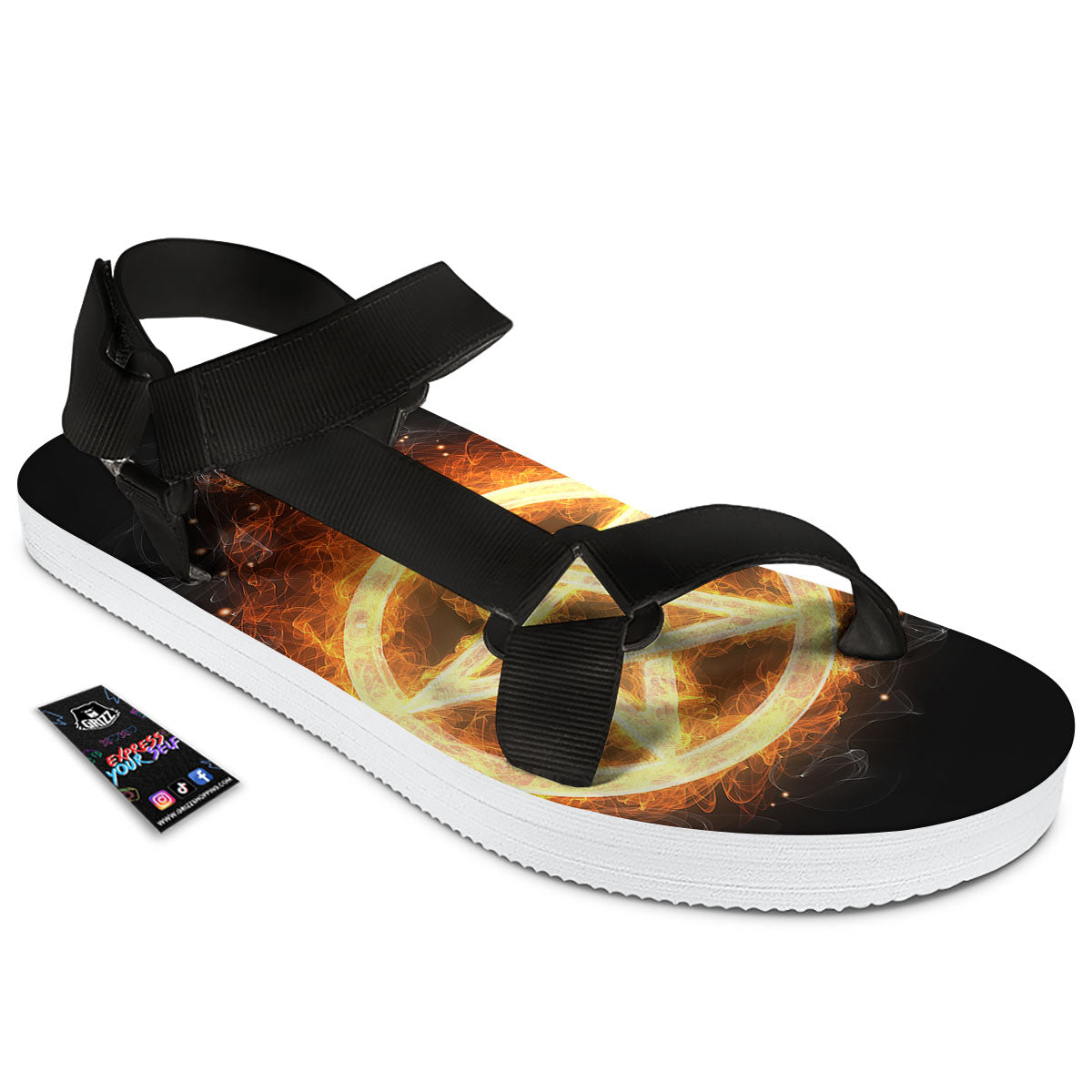 Pentagram Flame Print Black Open Toe Sandals-grizzshop