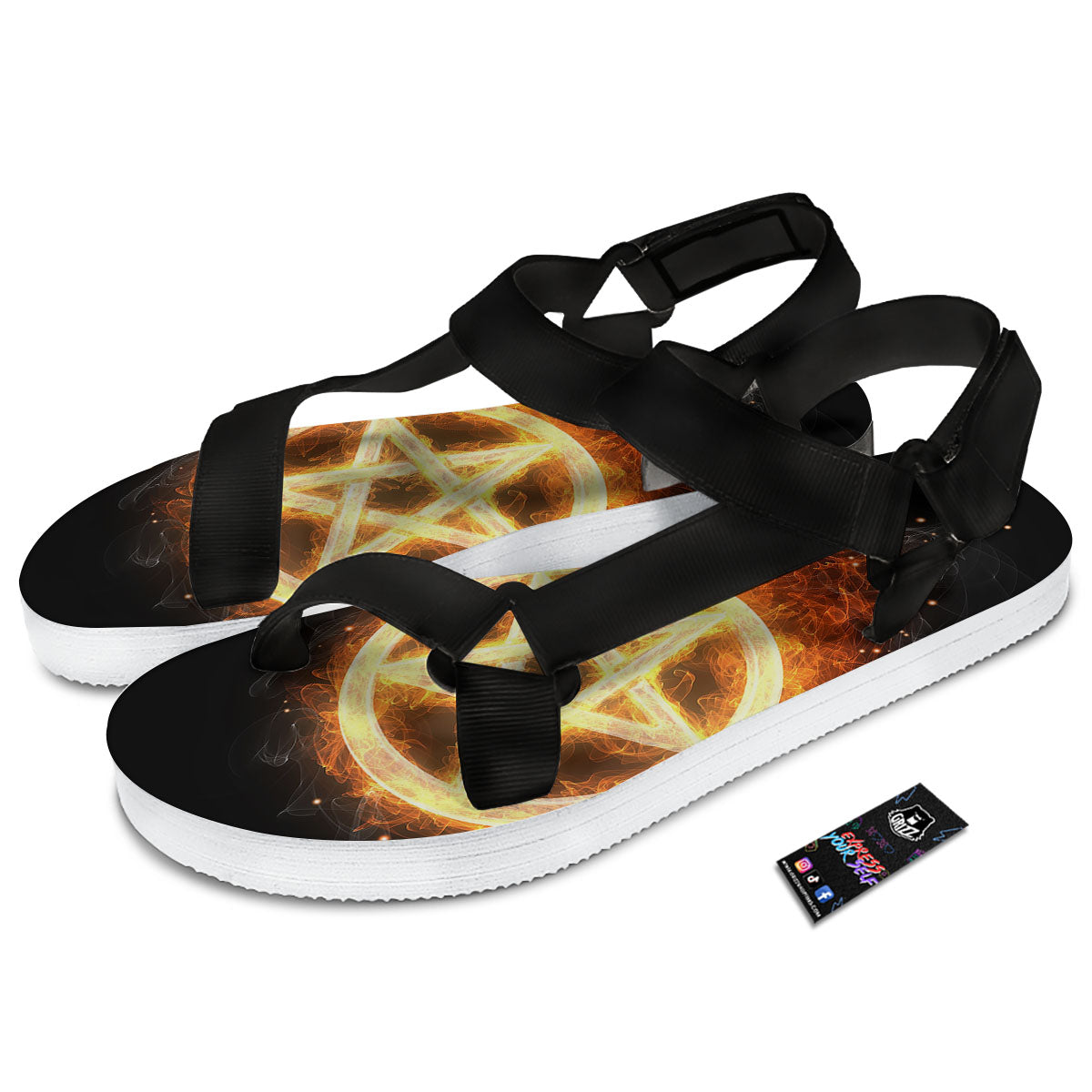 Pentagram Flame Print Black Open Toe Sandals-grizzshop