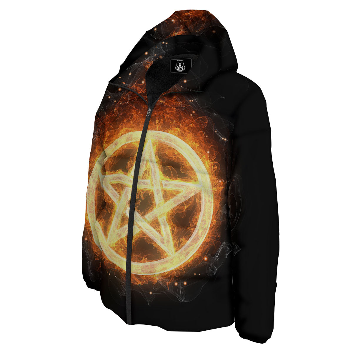 Pentagram Flame Print Down Jacket-grizzshop