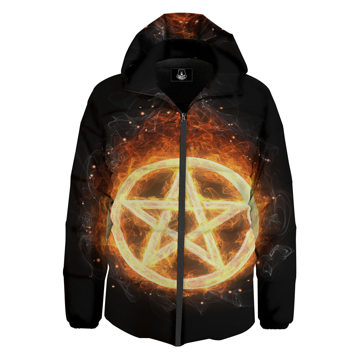 Pentagram Flame Print Down Jacket-grizzshop