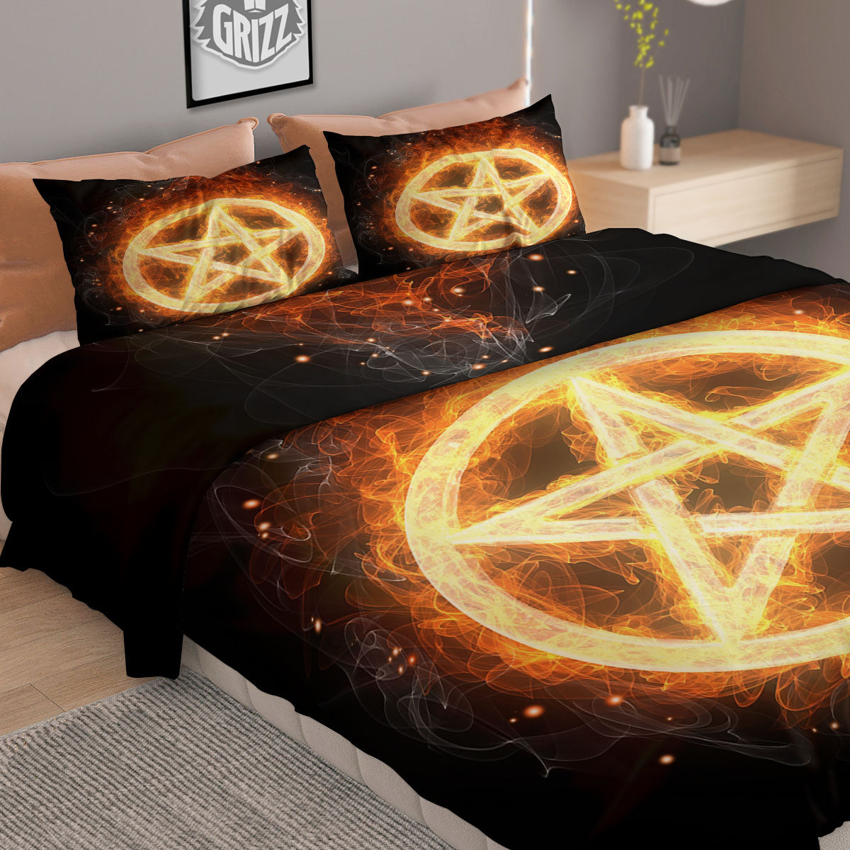 Pentagram Flame Print Duvet Cover Bedding Set