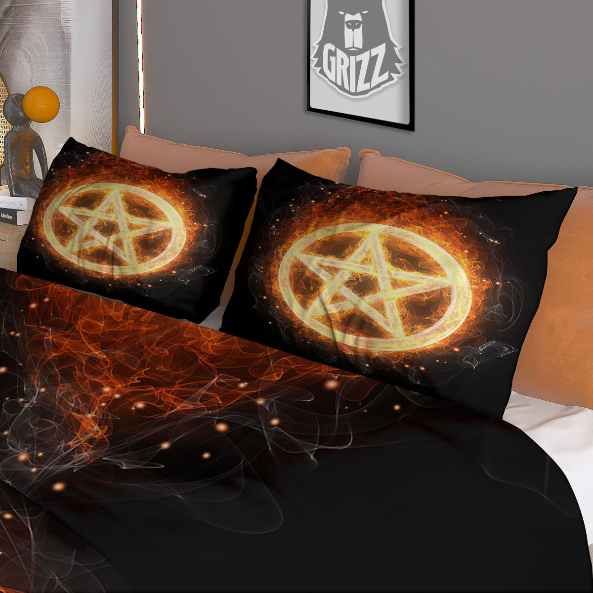 Pentagram Flame Print Duvet Cover Bedding Set