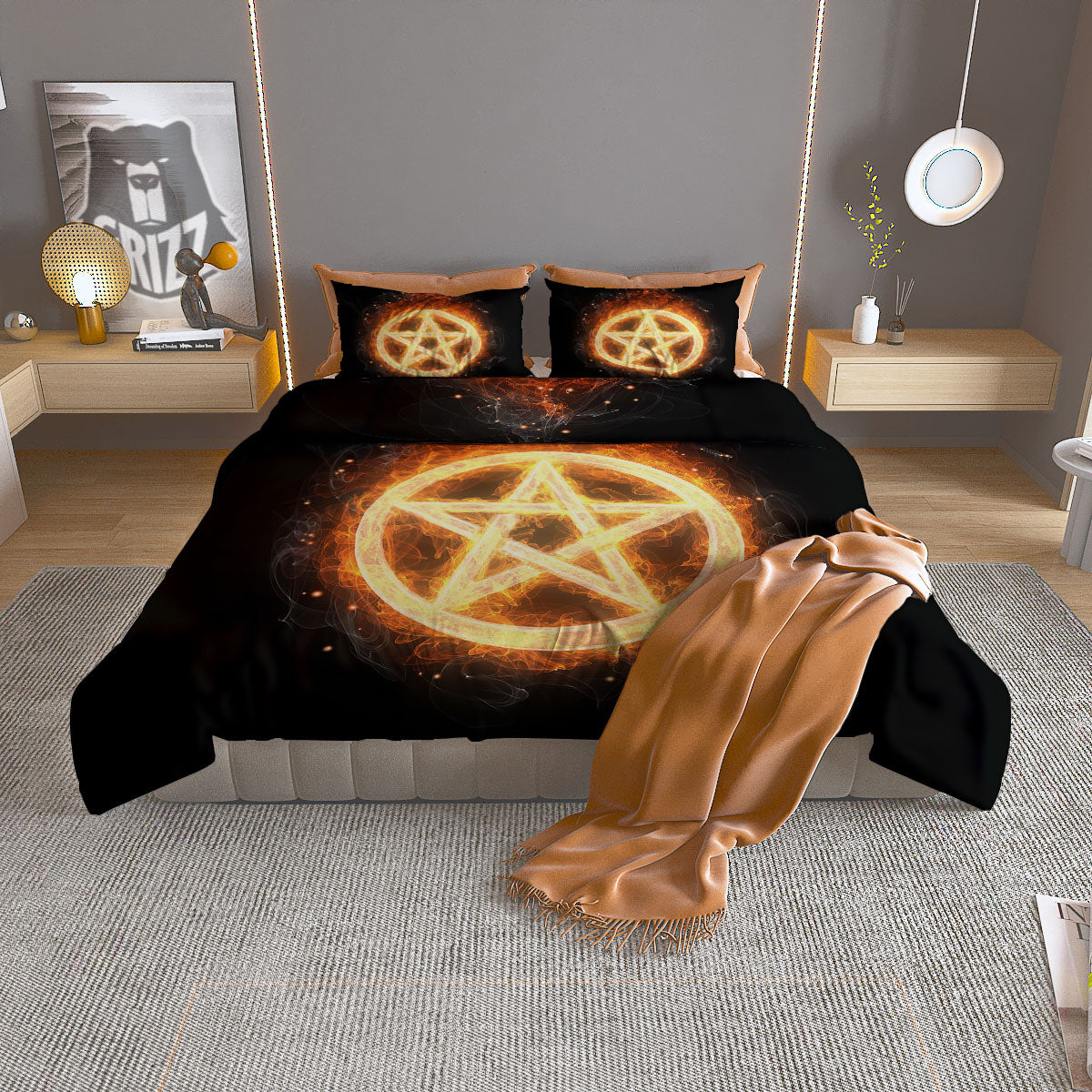 Pentagram Flame Print Duvet Cover Bedding Set