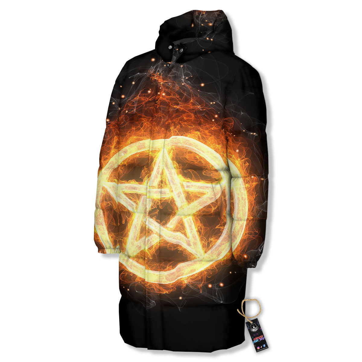 Pentagram Flame Print Long Down Jacket-grizzshop