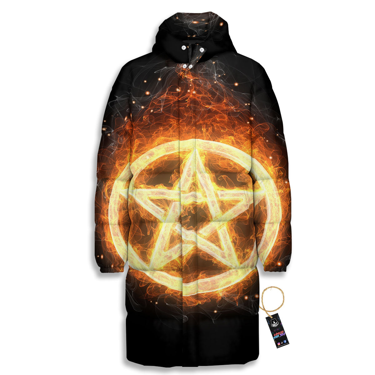 Pentagram Flame Print Long Down Jacket-grizzshop
