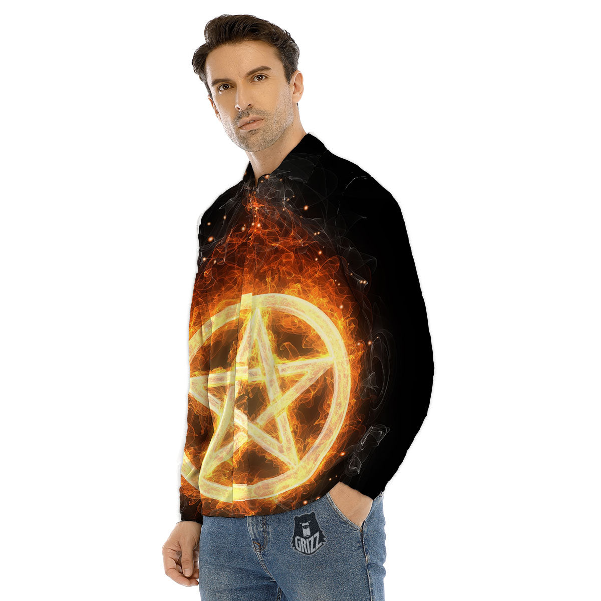 Pentagram Flame Print Men's Dress Shirts-grizzshop