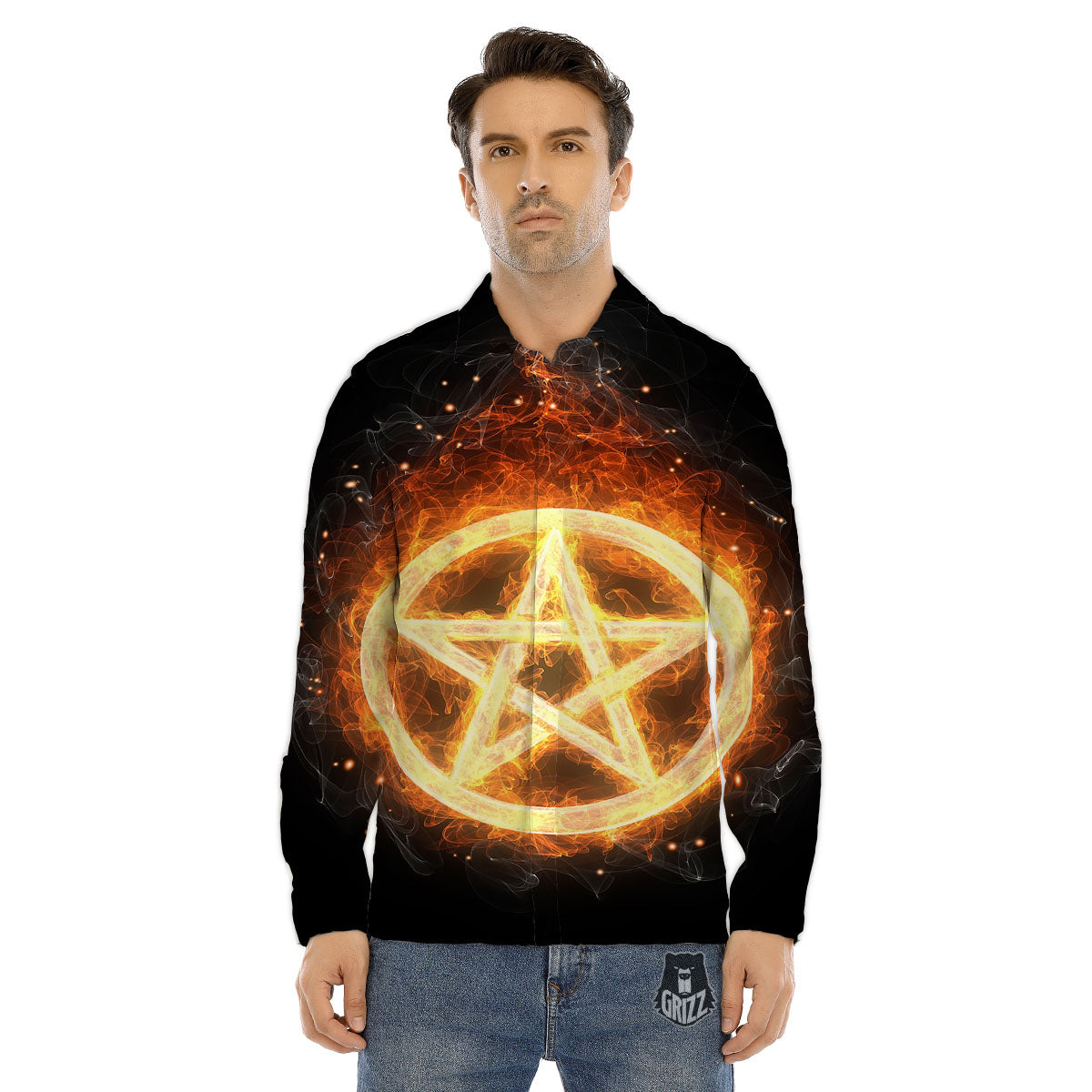 Pentagram Flame Print Men's Dress Shirts-grizzshop