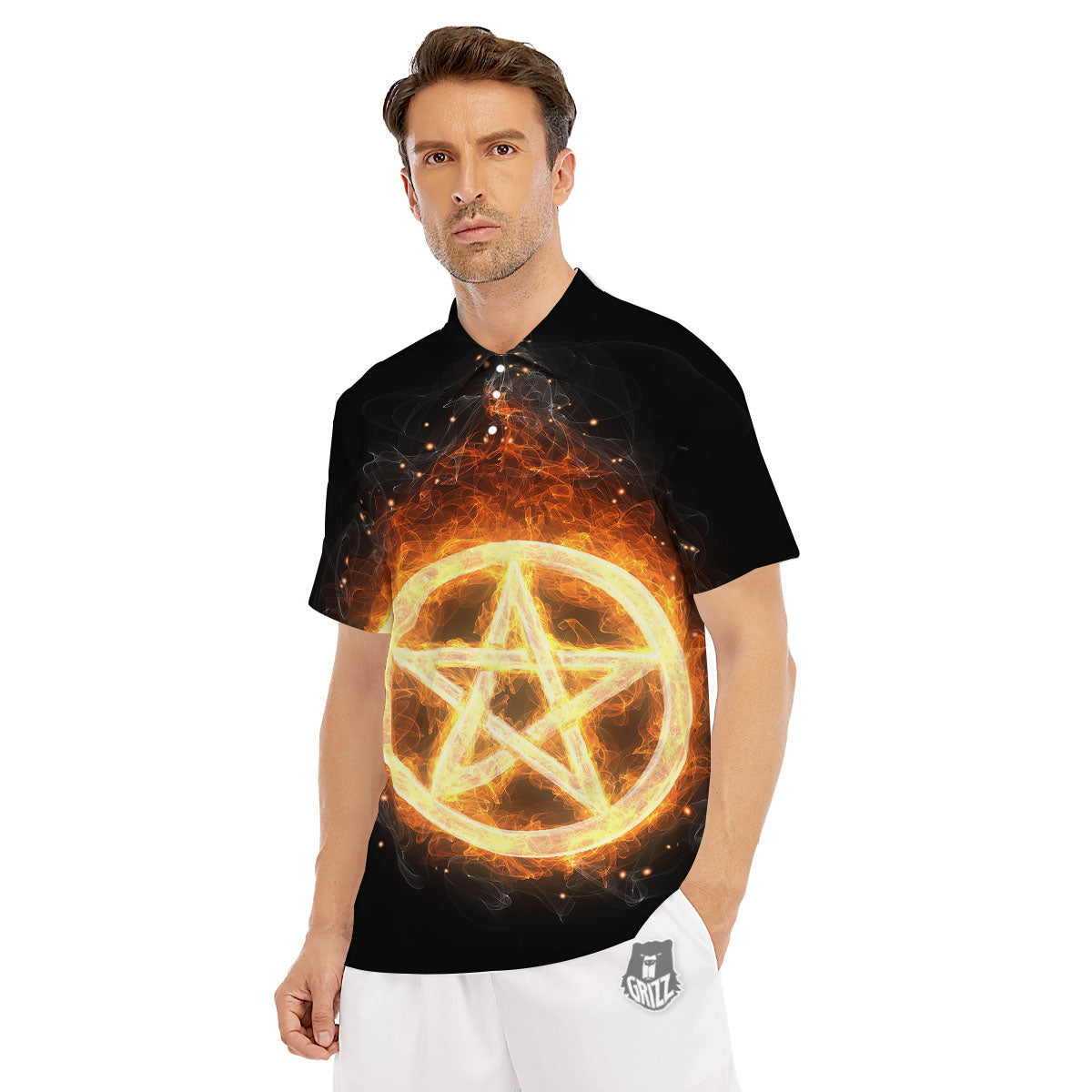 Pentagram Flame Print Men's Golf Shirts-grizzshop