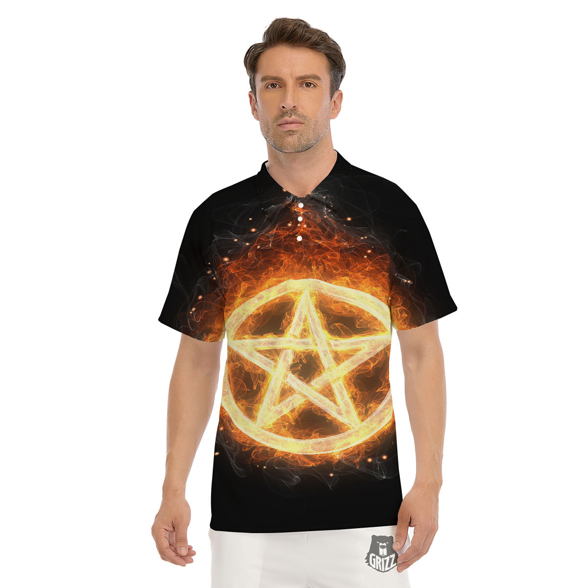 Pentagram Flame Print Men's Golf Shirts-grizzshop