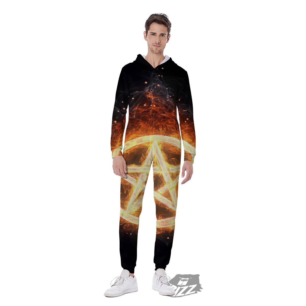 Pentagram Flame Print Men's Jumpsuit-grizzshop