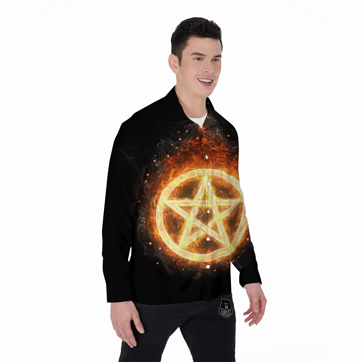 Pentagram Flame Print Men's Long Sleeve Shirts-grizzshop