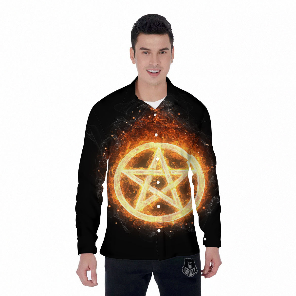 Pentagram Flame Print Men's Long Sleeve Shirts-grizzshop