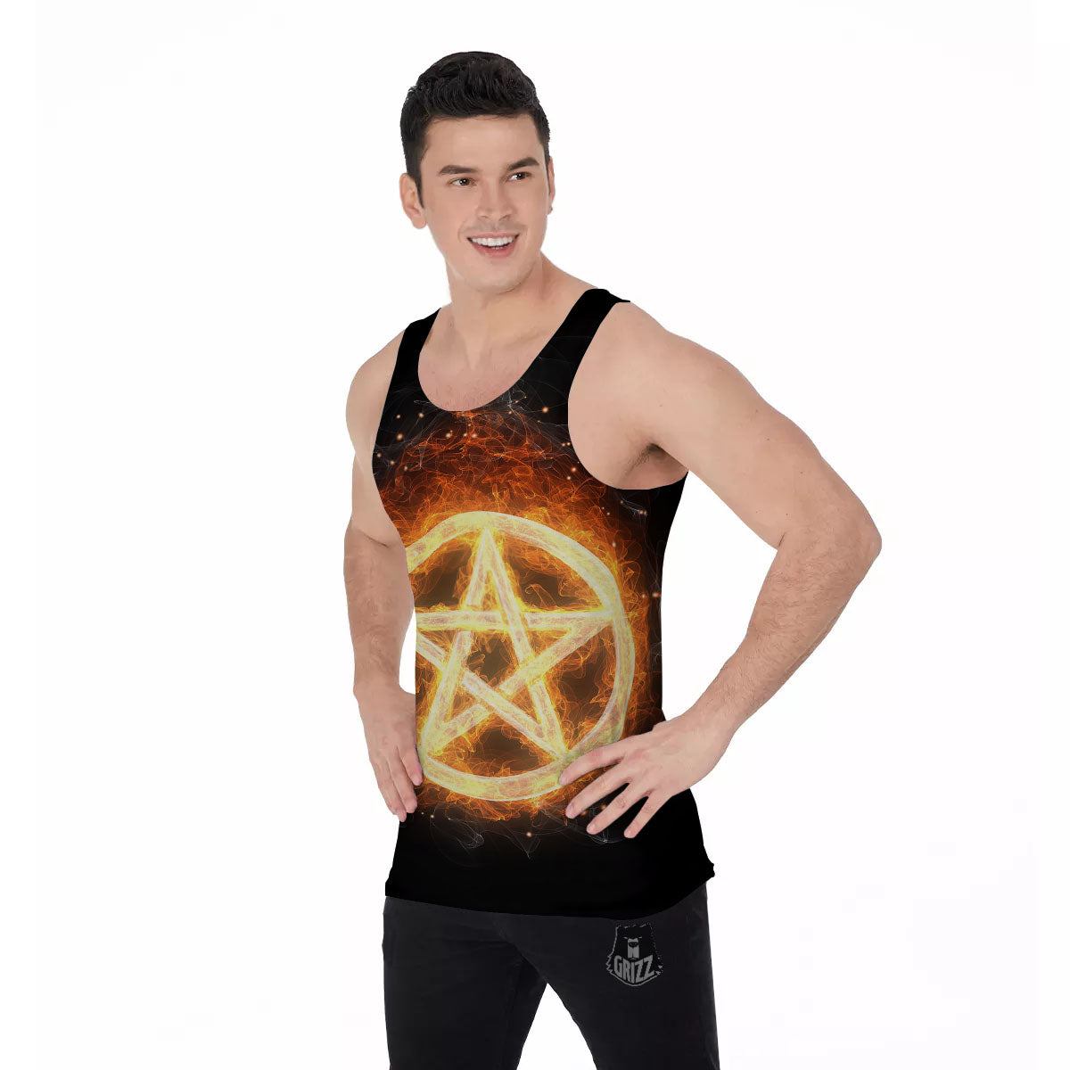 Pentagram Flame Print Men's Tank Top-grizzshop
