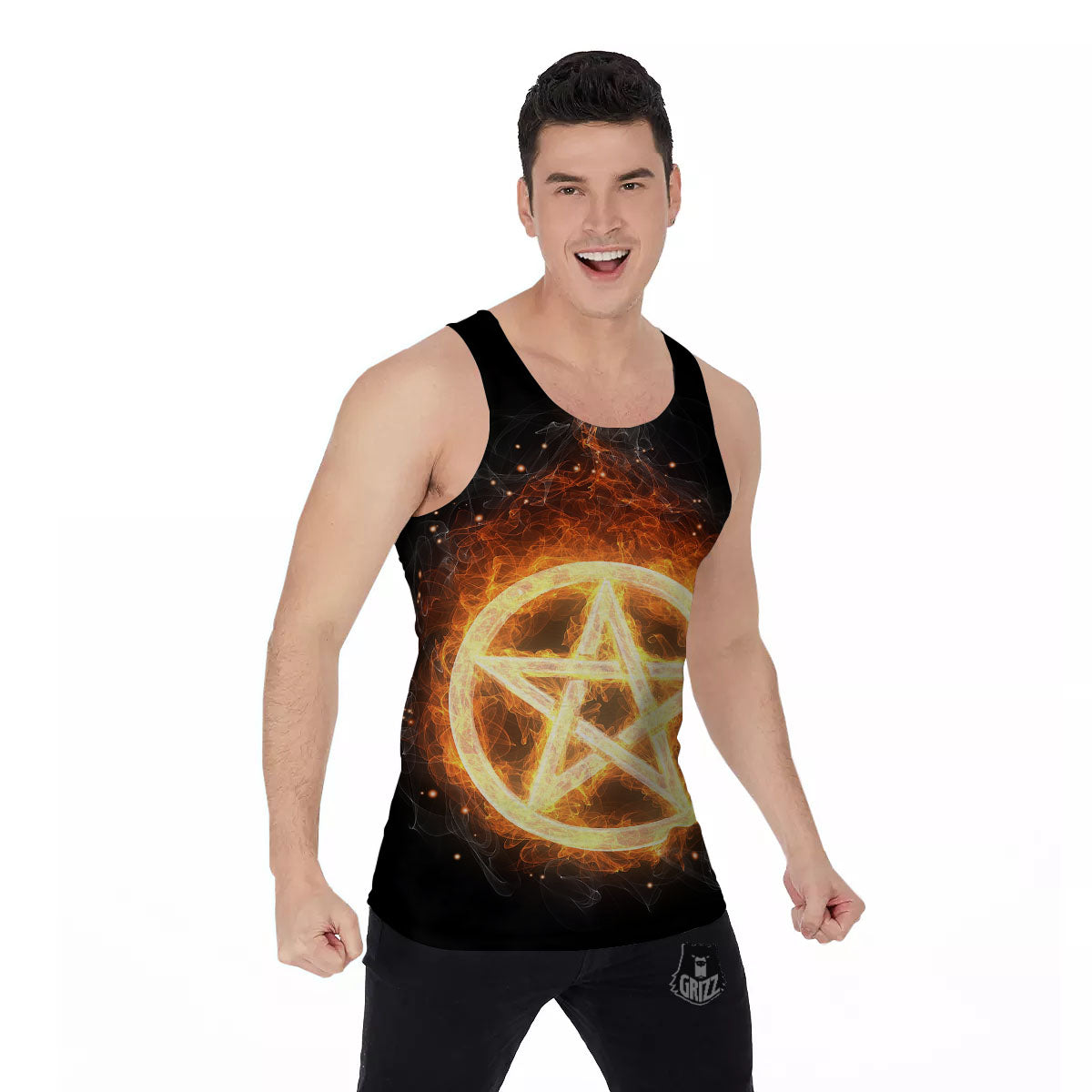 Pentagram Flame Print Men's Tank Top-grizzshop