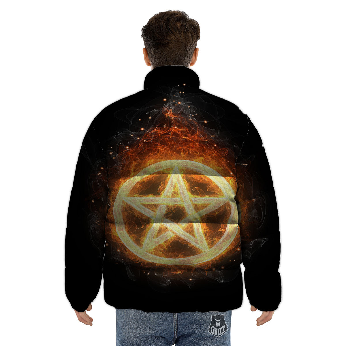 Pentagram Flame Print Puffer Jacket-grizzshop