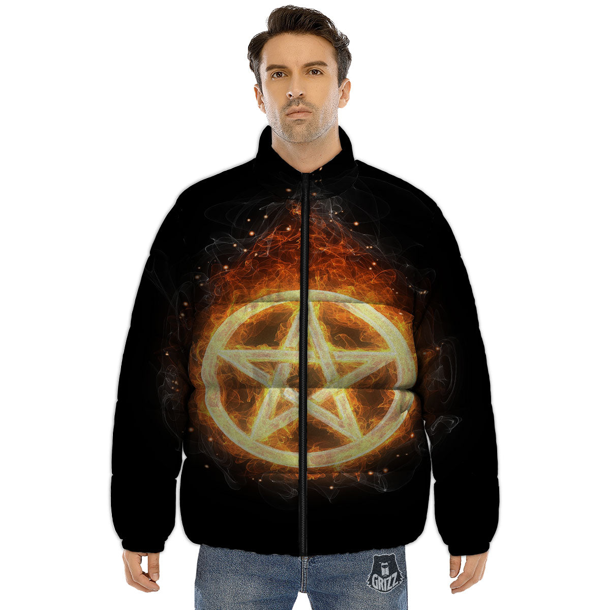Pentagram Flame Print Puffer Jacket-grizzshop