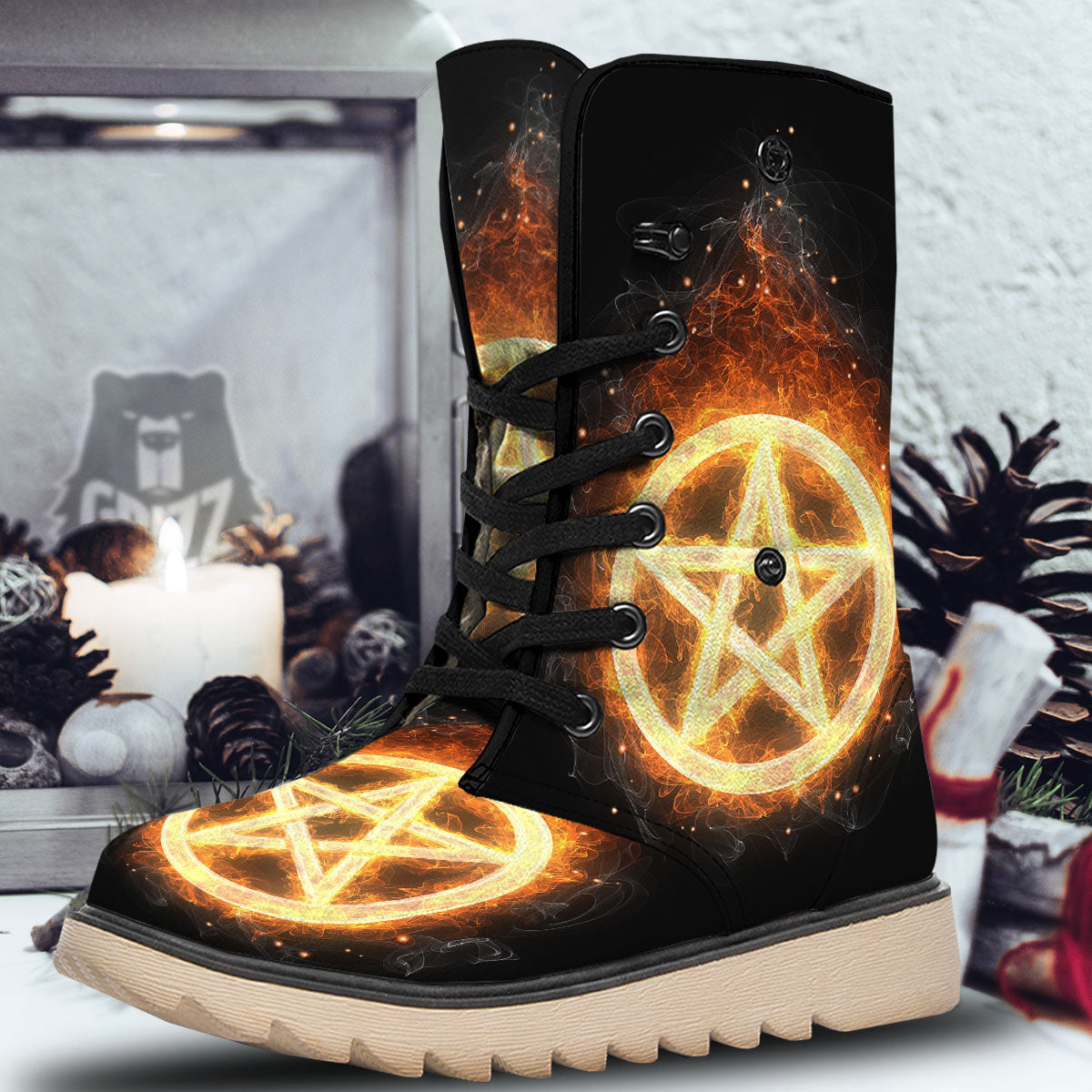 Pentagram Flame Print Snow Boots-grizzshop
