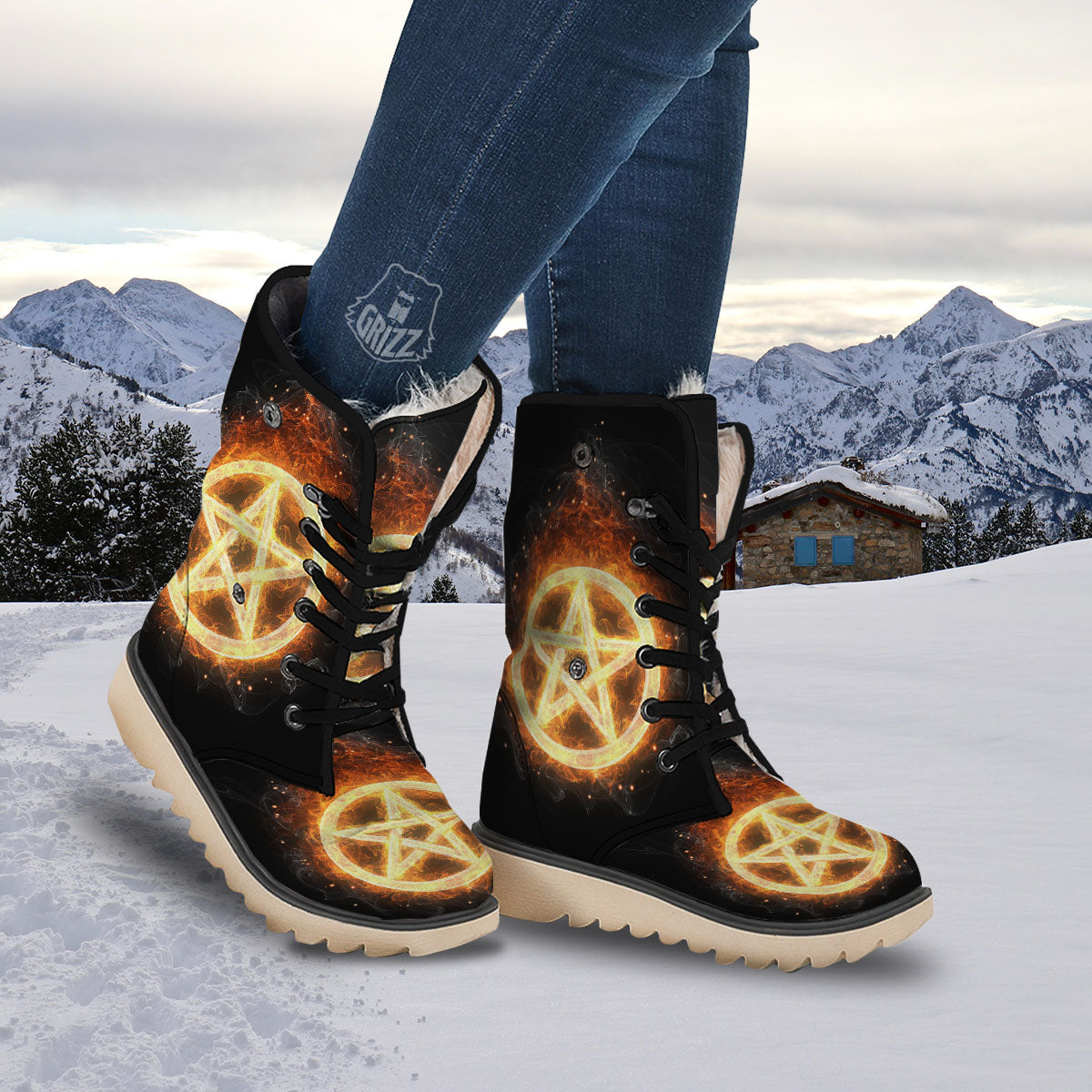 Pentagram Flame Print Snow Boots-grizzshop
