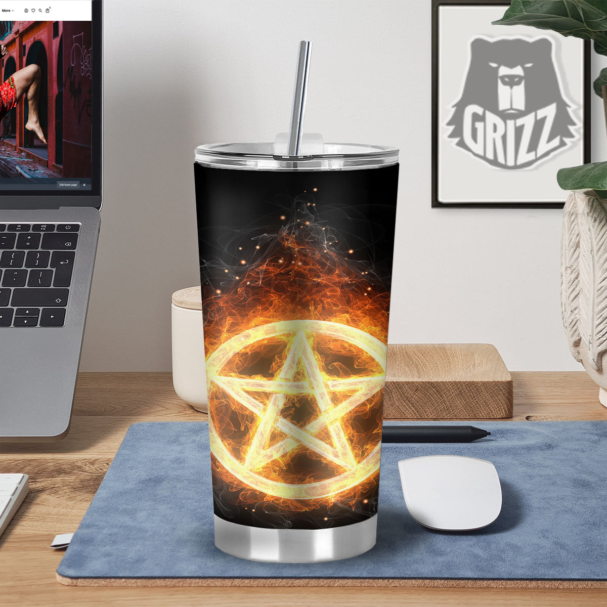 Pentagram Flame Print Tumbler-grizzshop