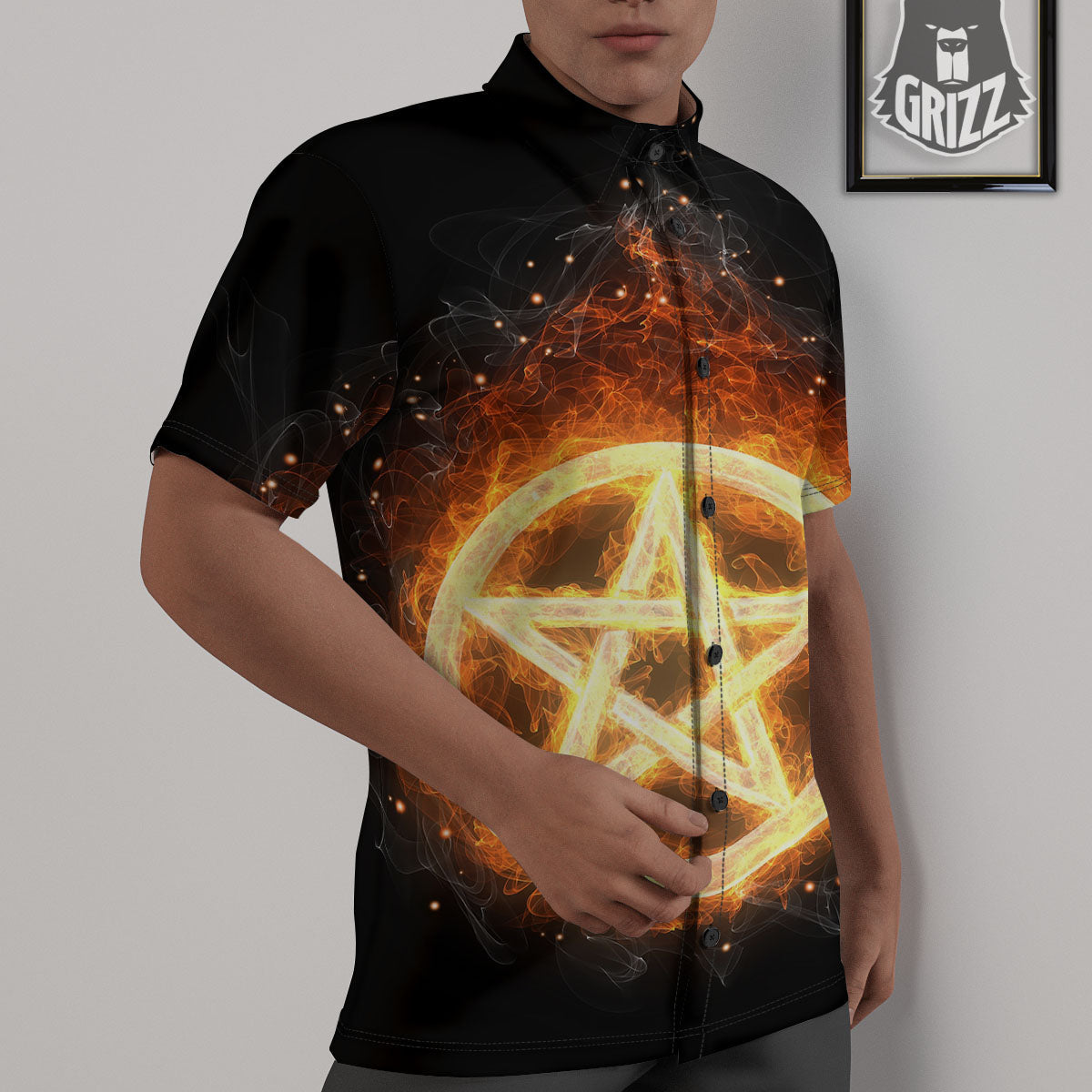Pentagram Flame Print Untucked Shirts-grizzshop