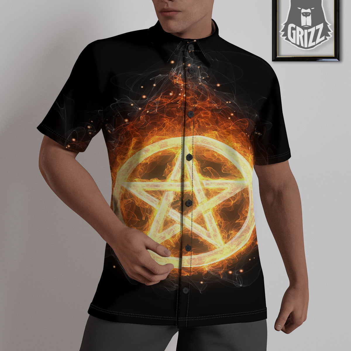 Pentagram Flame Print Untucked Shirts-grizzshop