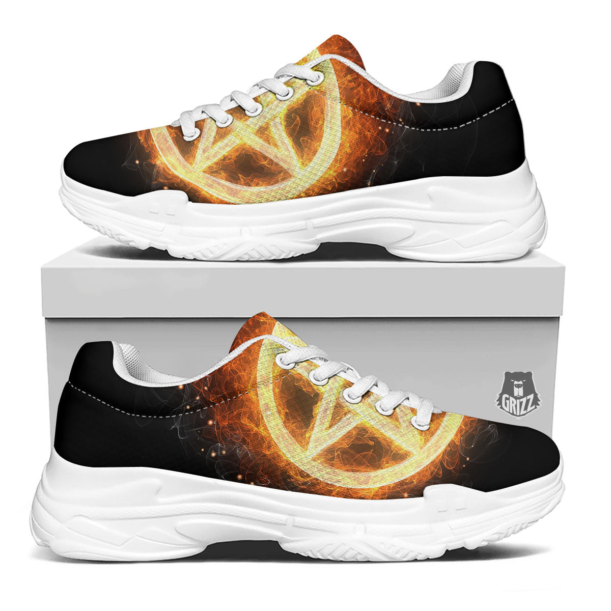 Pentagram Flame Print White Chunky Shoes-grizzshop