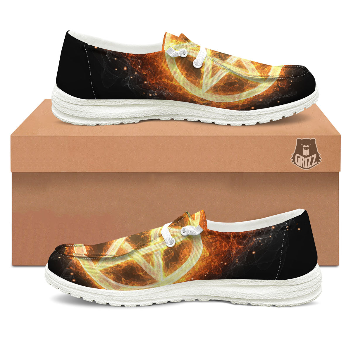 Pentagram Flame Print White Loafers-grizzshop