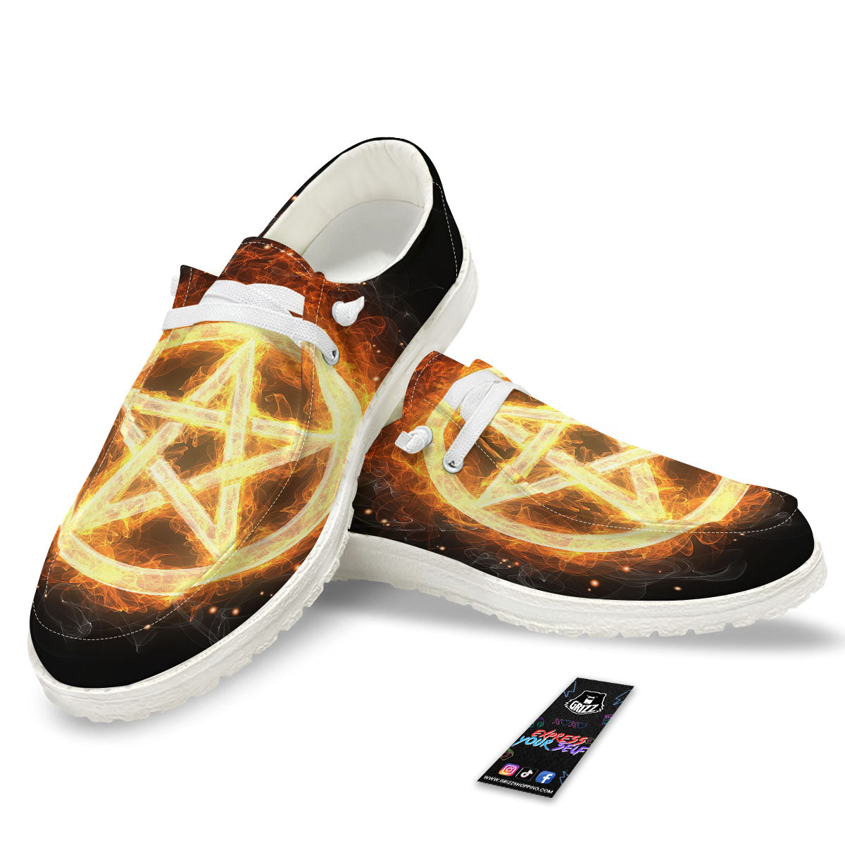 Pentagram Flame Print White Loafers-grizzshop
