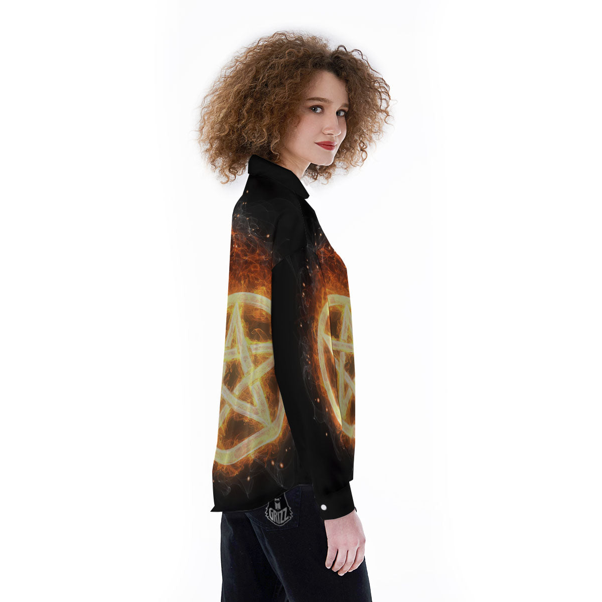 Pentagram Flame Print Women's Long Sleeve Shirts-grizzshop