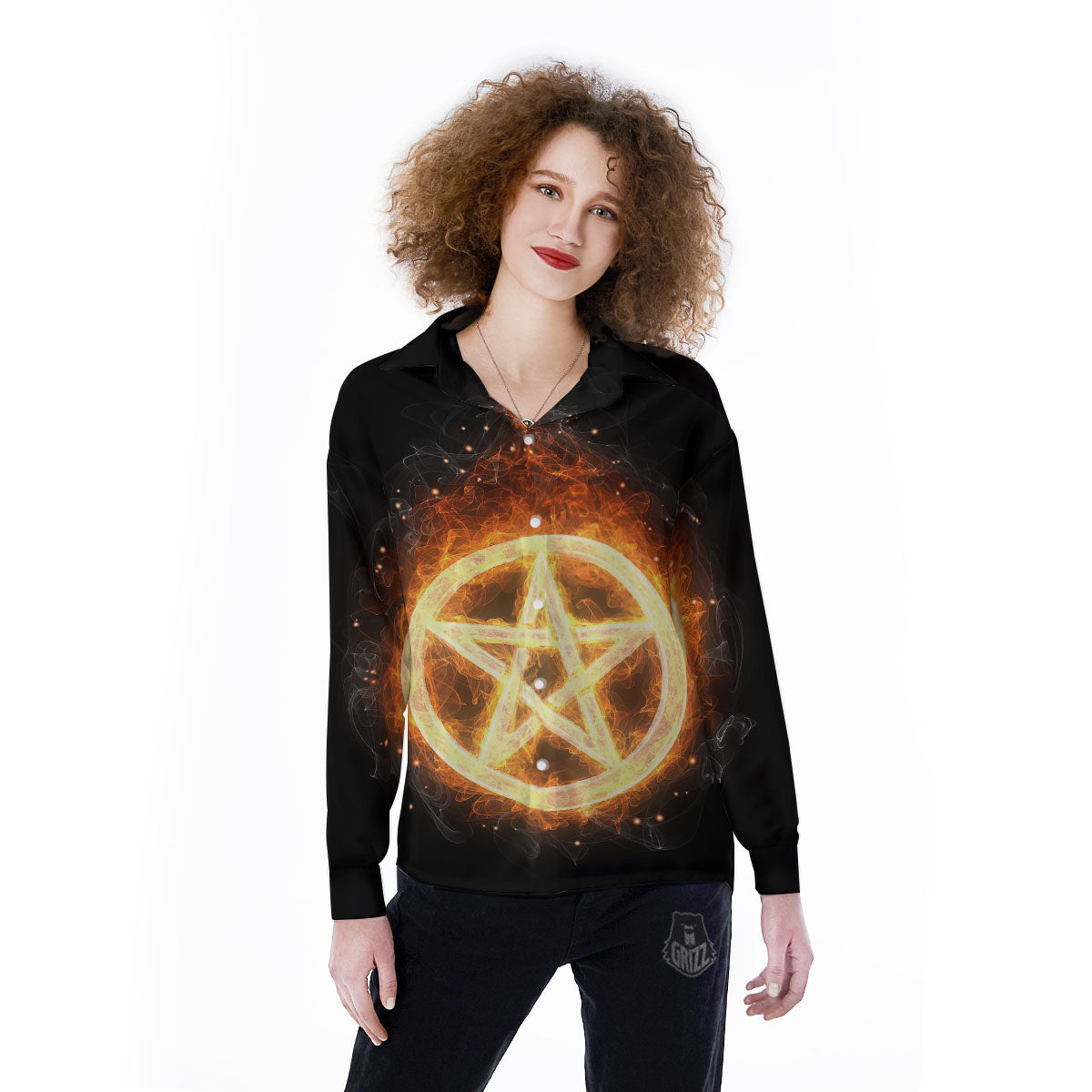 Pentagram Flame Print Women's Long Sleeve Shirts-grizzshop